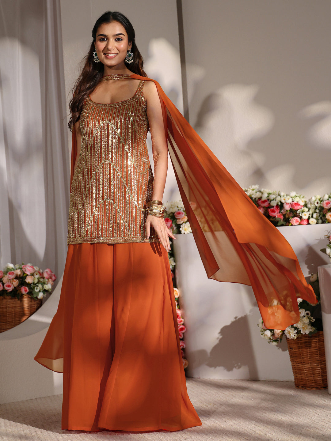  Libas Art Orange Embellished Georgette Straight Suit Set with Dupatta 