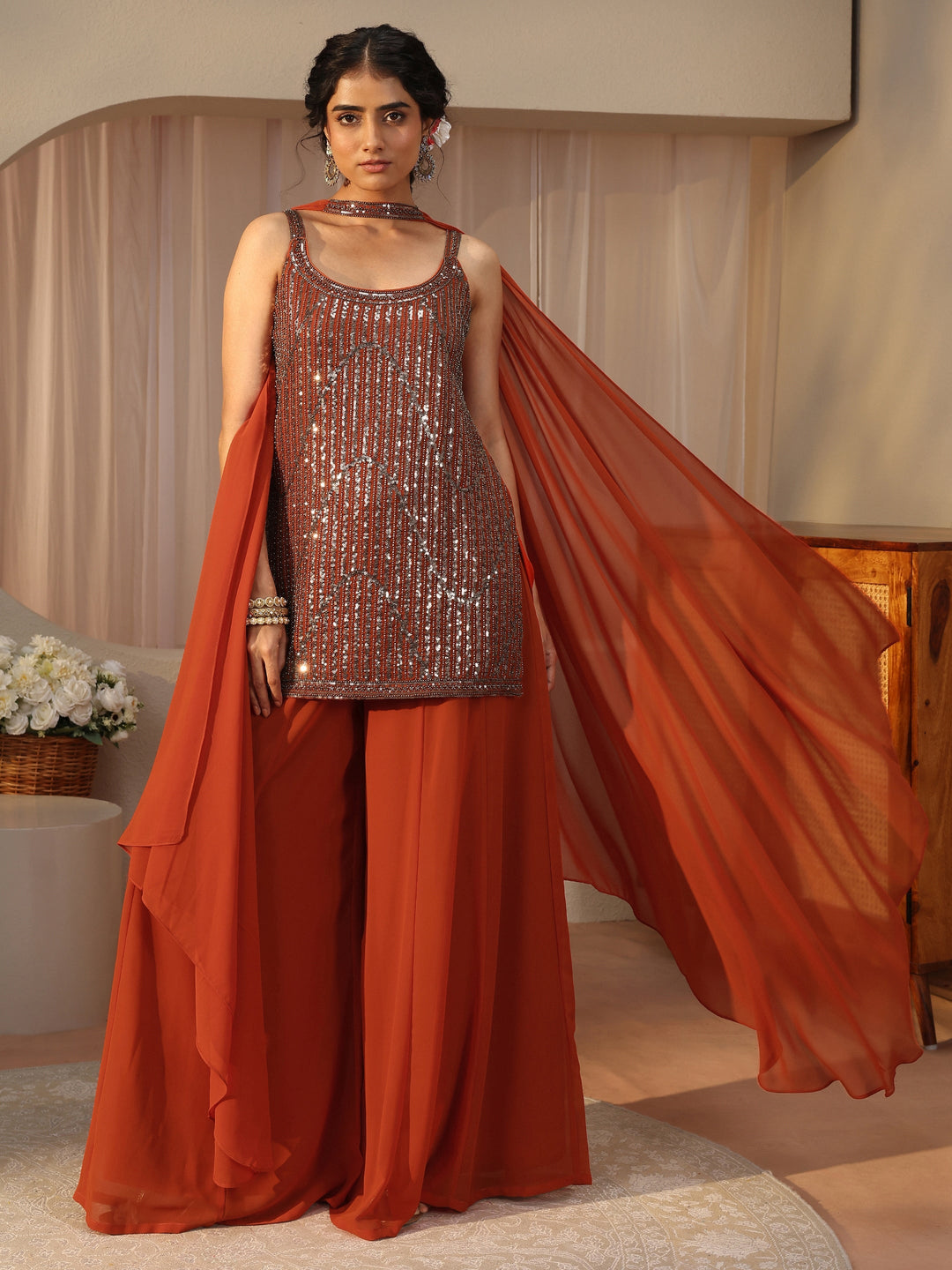  Libas Art Orange Embellished Georgette Palazzo Suit Set 