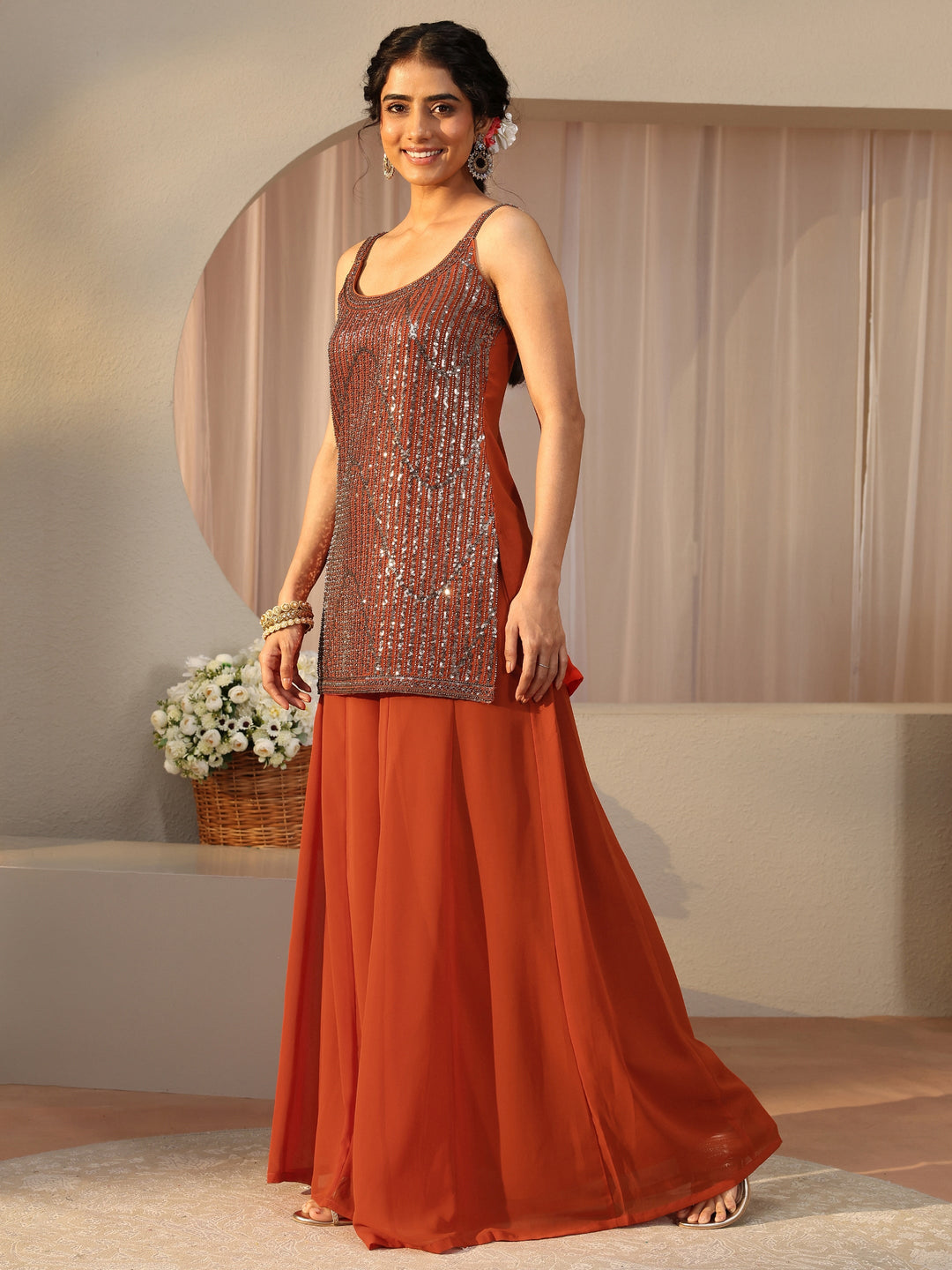  Libas Art Orange Embellished Georgette Palazzo Suit Set 