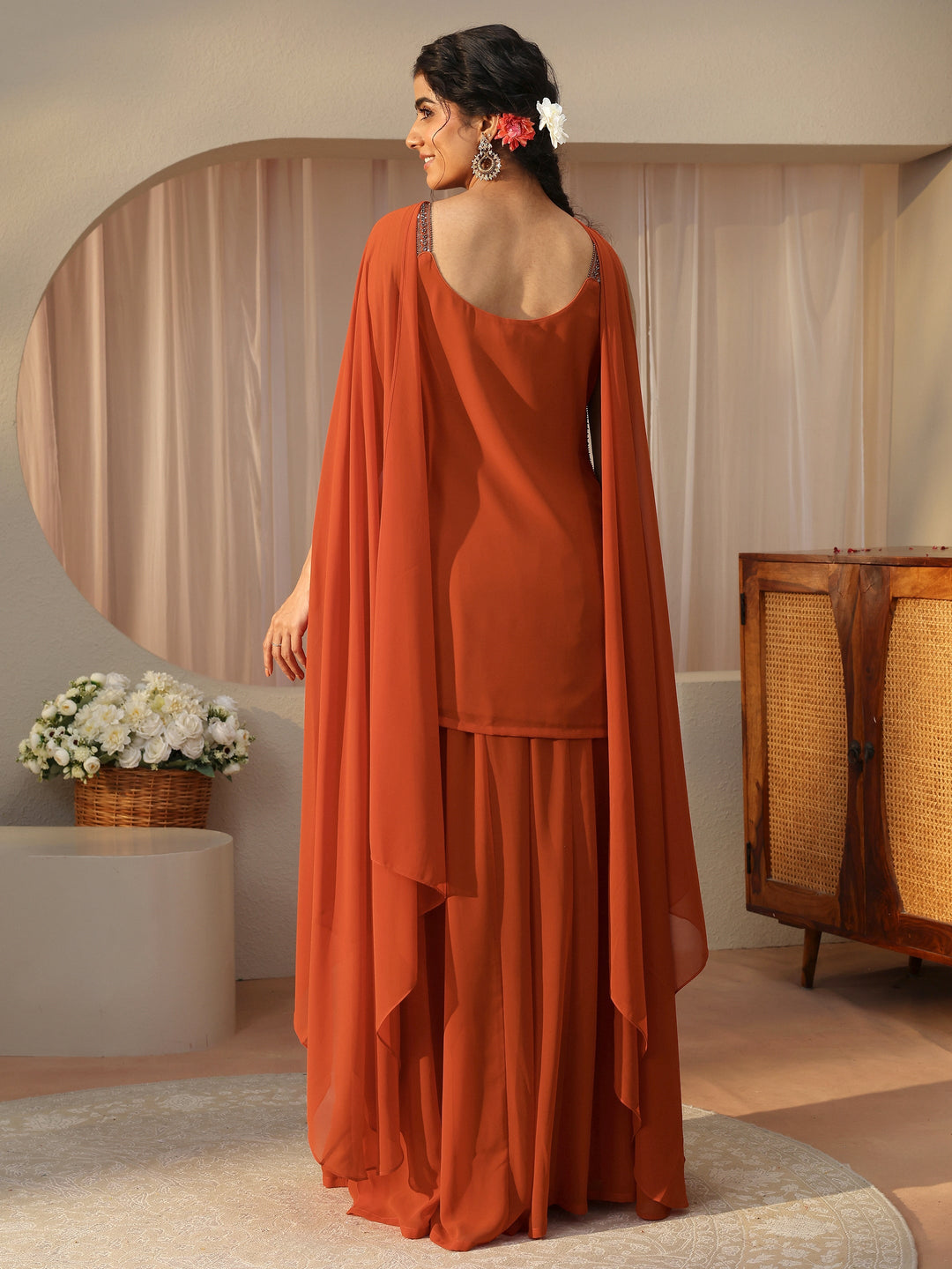  Libas Art Orange Embellished Georgette Palazzo Suit Set 