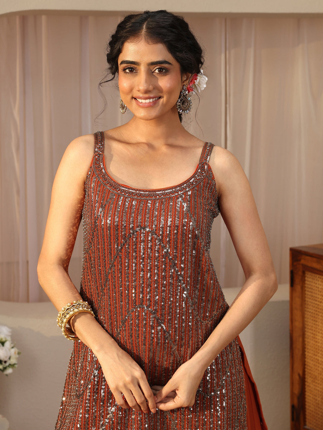  Libas Art Orange Embellished Georgette Palazzo Suit Set 