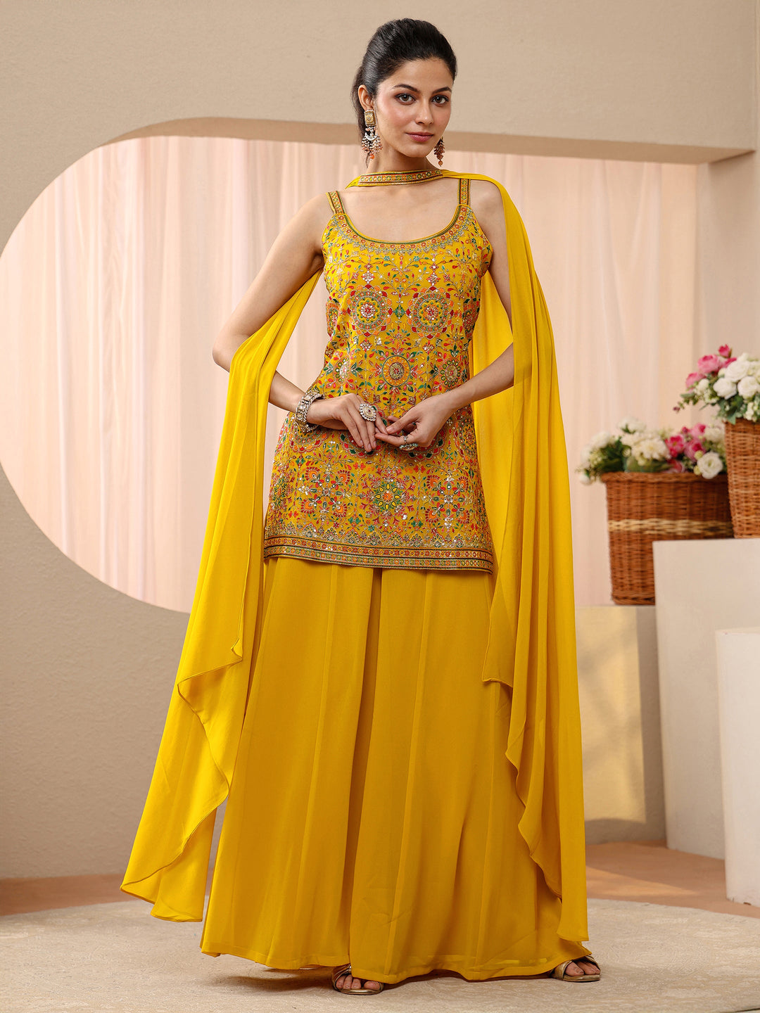  Libas Art Mustard Floral Embroidered Georgette Palazzo Suit Set 