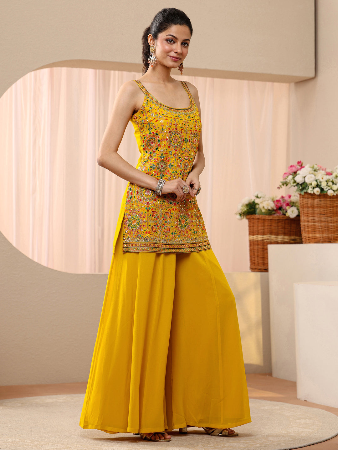  Libas Art Mustard Floral Embroidered Georgette Palazzo Suit Set 