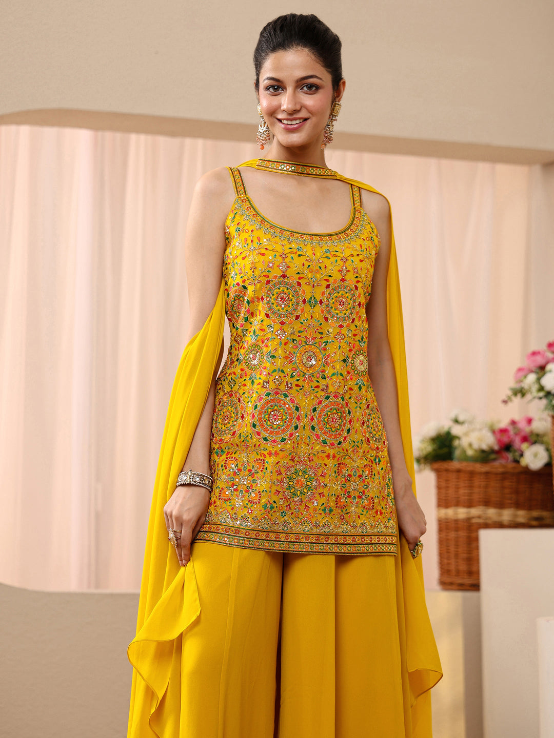  Libas Art Mustard Floral Embroidered Georgette Palazzo Suit Set 
