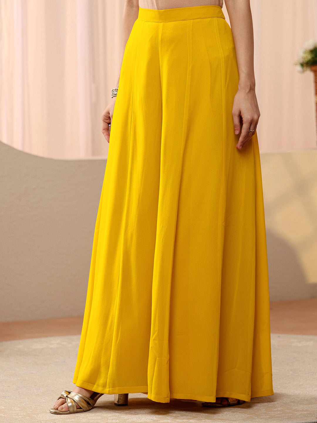  Libas Art Mustard Floral Embroidered Georgette Palazzo Suit Set 