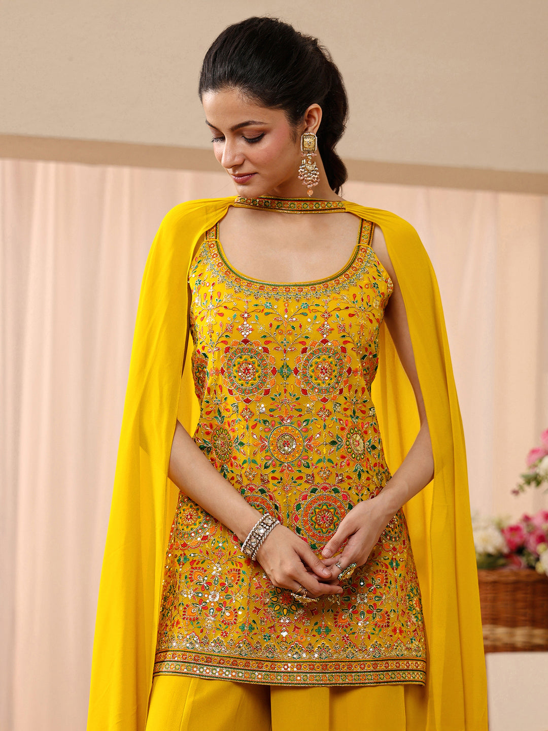  Libas Art Mustard Floral Embroidered Georgette Palazzo Suit Set 