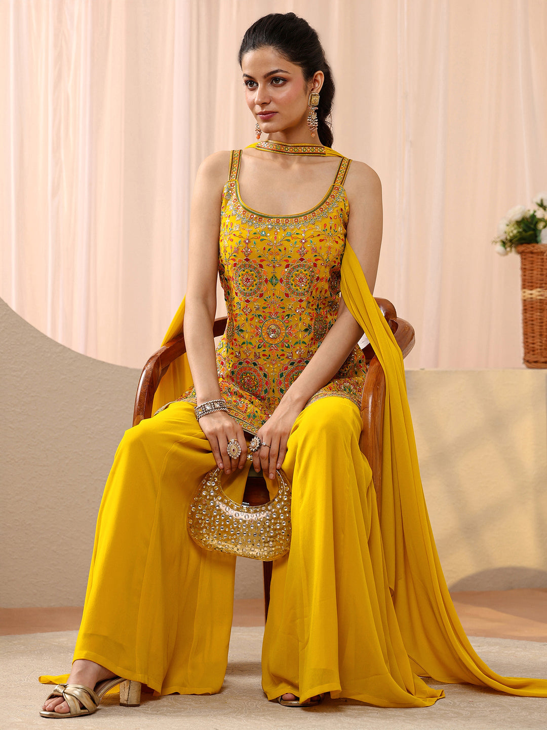  Libas Art Mustard Floral Embroidered Georgette Palazzo Suit Set 