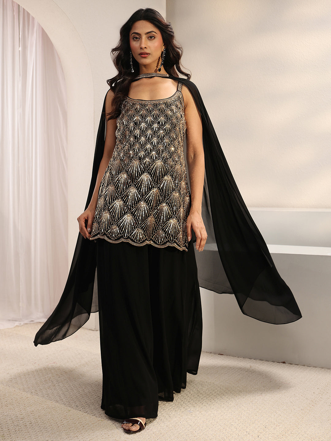  Libas Art Black Embellished Georgette Palazzo Suit Set With Dupatta 