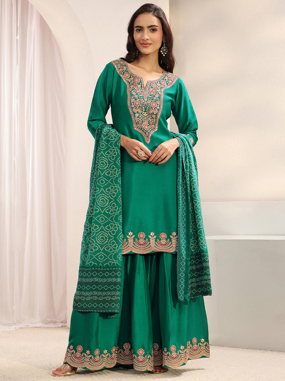  Libas Art Green Floral Embroidered Crepe Sharara Suit Set With Dupatta 