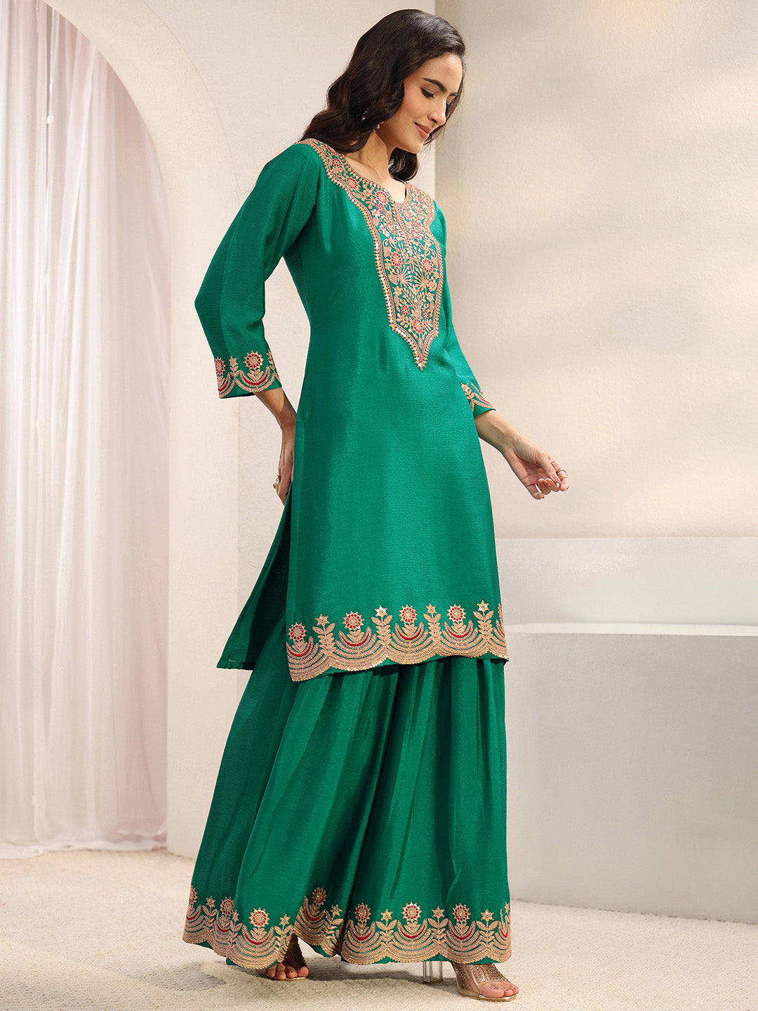  Libas Art Green Floral Embroidered Crepe Sharara Suit Set With Dupatta 