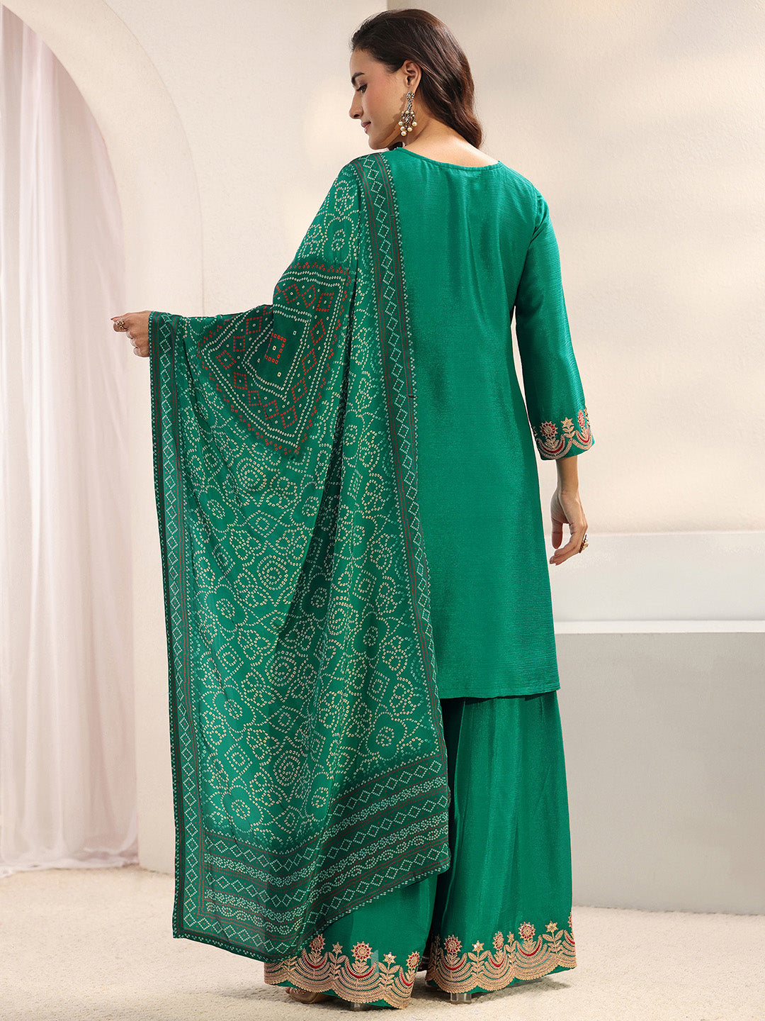  Libas Art Green Floral Embroidered Crepe Sharara Suit Set With Dupatta 