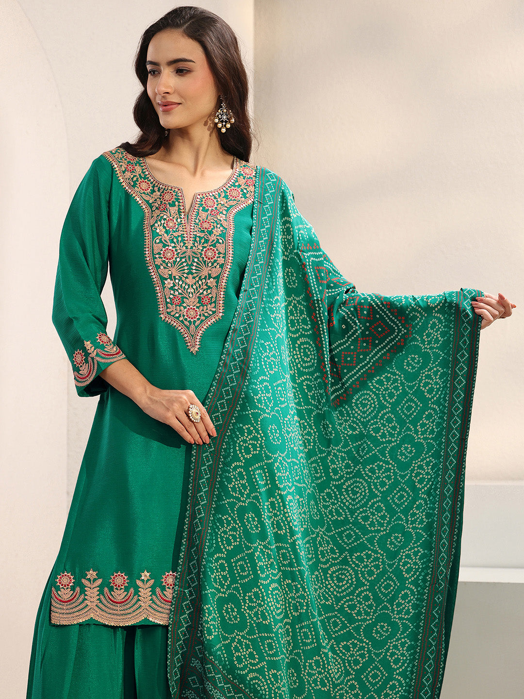  Libas Art Green Floral Embroidered Crepe Sharara Suit Set With Dupatta 