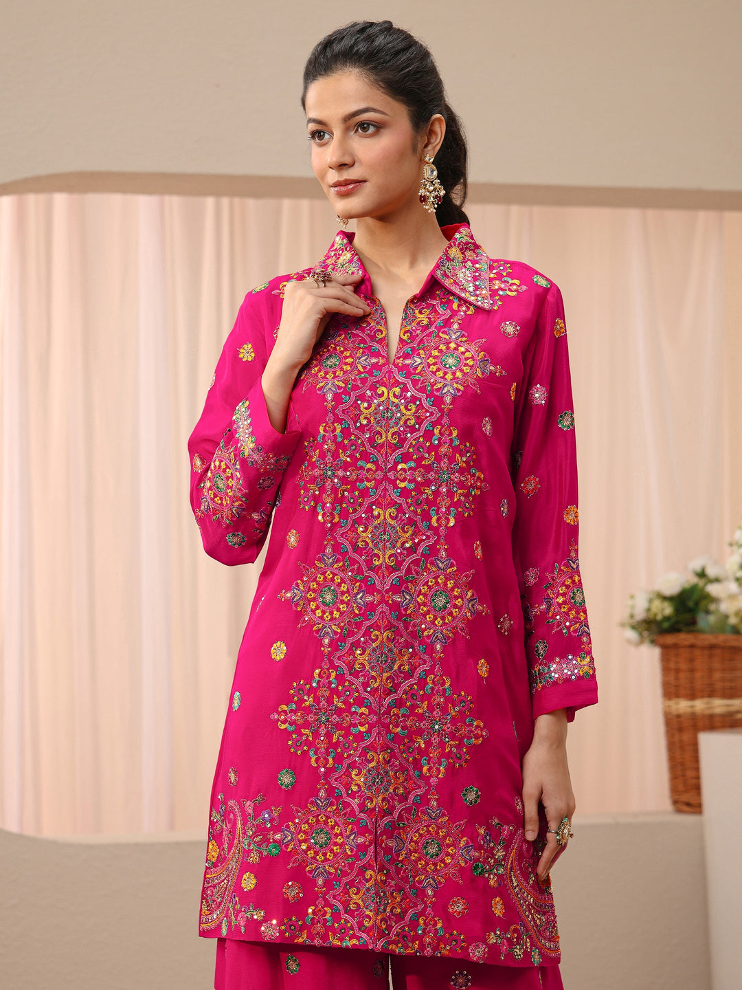  Libas Art Pink Ethnic Embroidered Crepe Co-Ord Set 