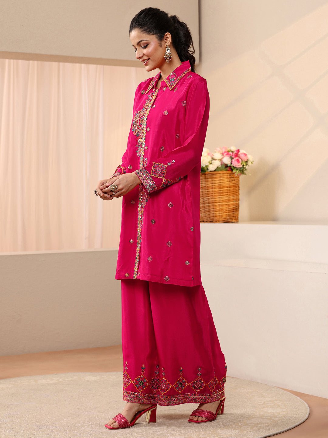  Libas Art Fuchsia Pink Embroidered Chinon Co-Ord Set 