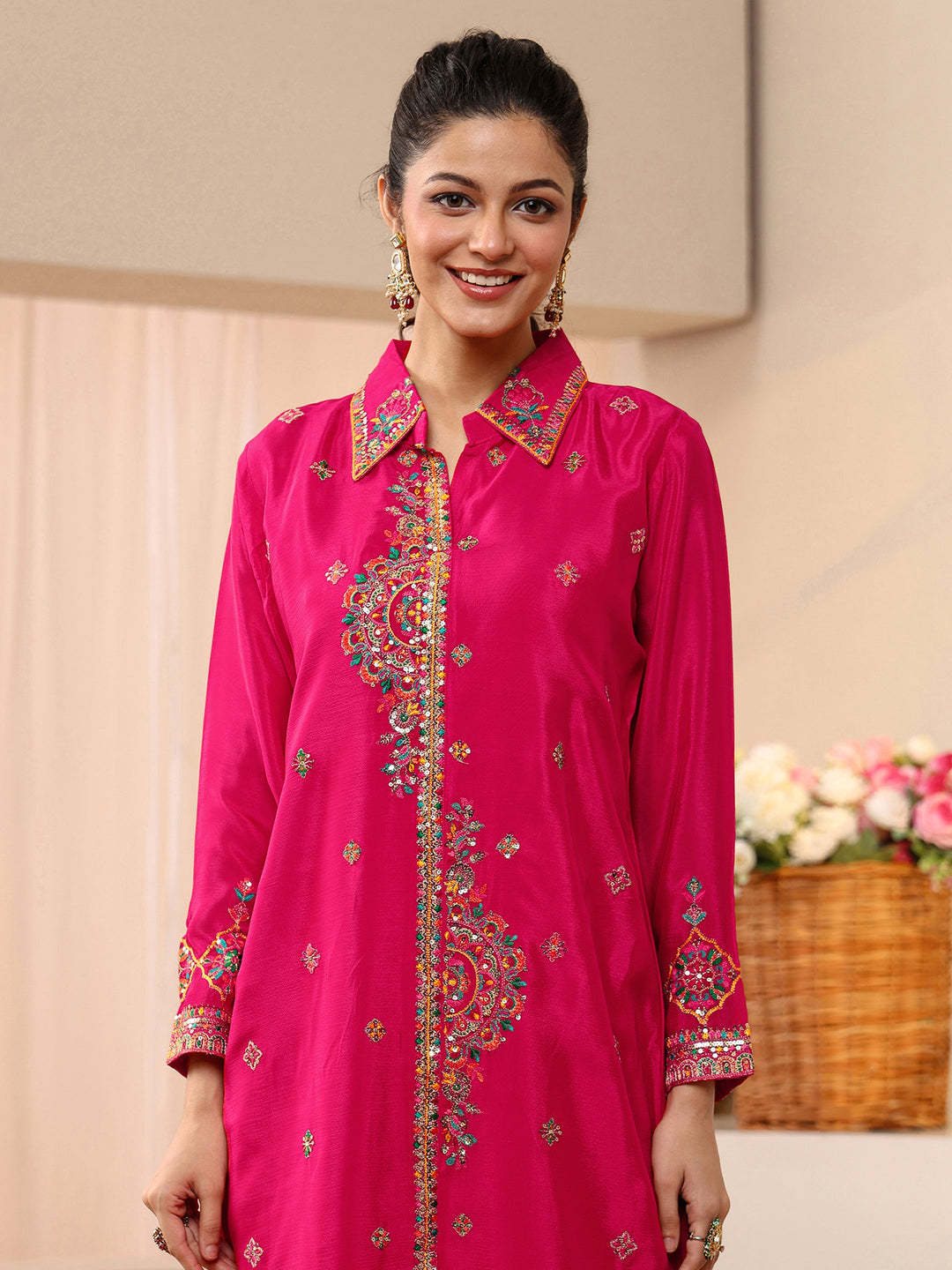  Libas Art Fuchsia Pink Embroidered Chinon Co-Ord Set 