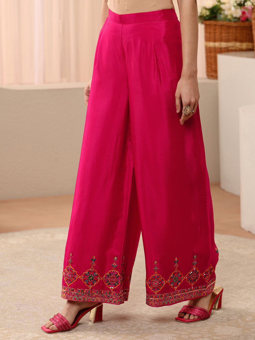  Libas Art Fuchsia Pink Embroidered Chinon Co-Ord Set 