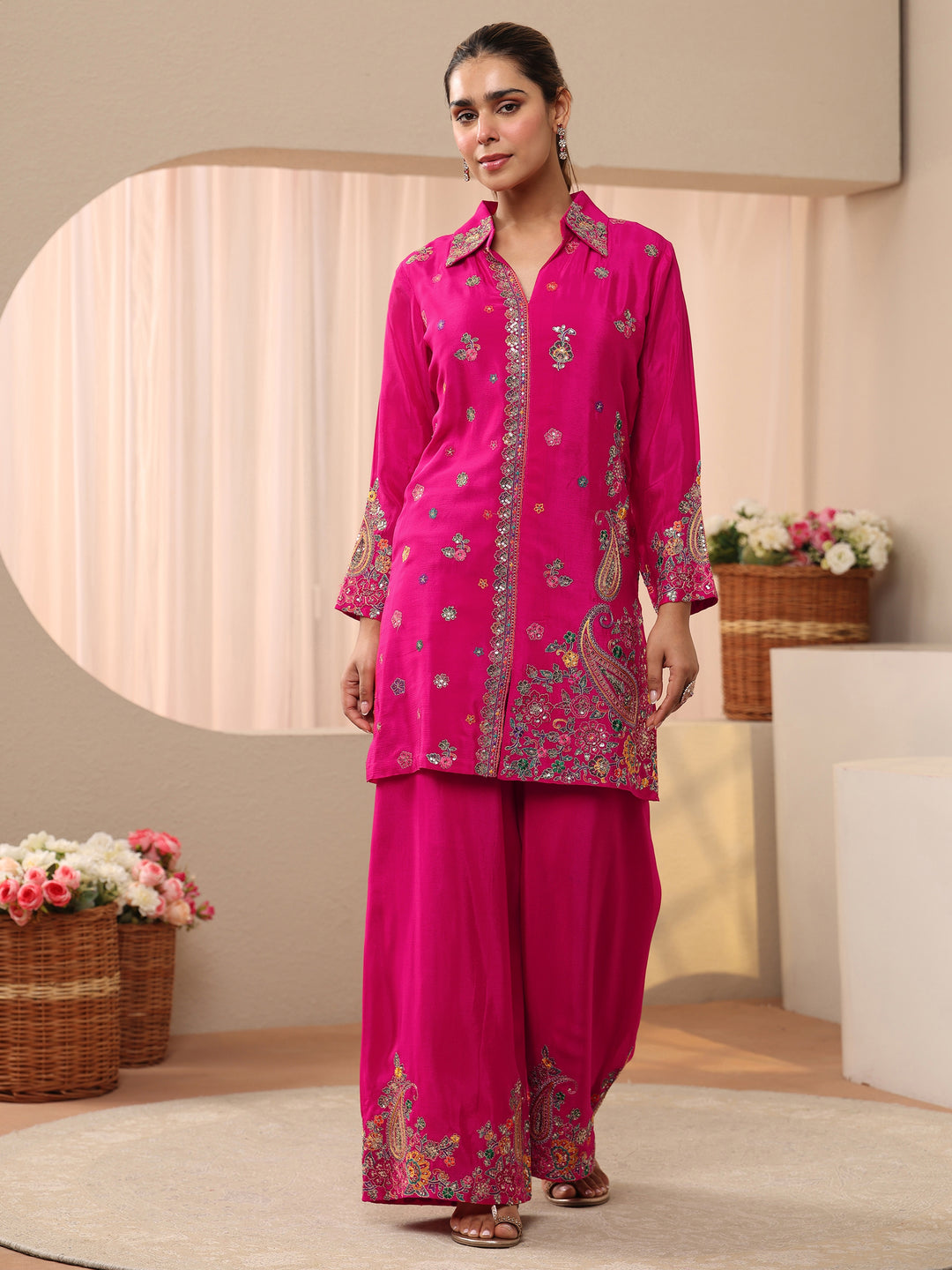  Libas Art Pink Floral Embroidered Crepe Co-Ord Set 
