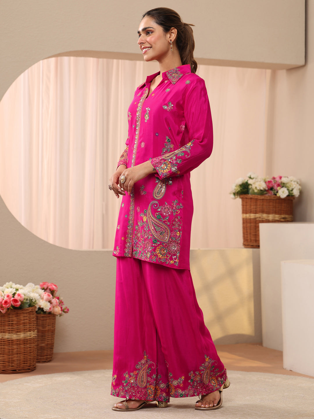  Libas Art Pink Floral Embroidered Crepe Co-Ord Set 