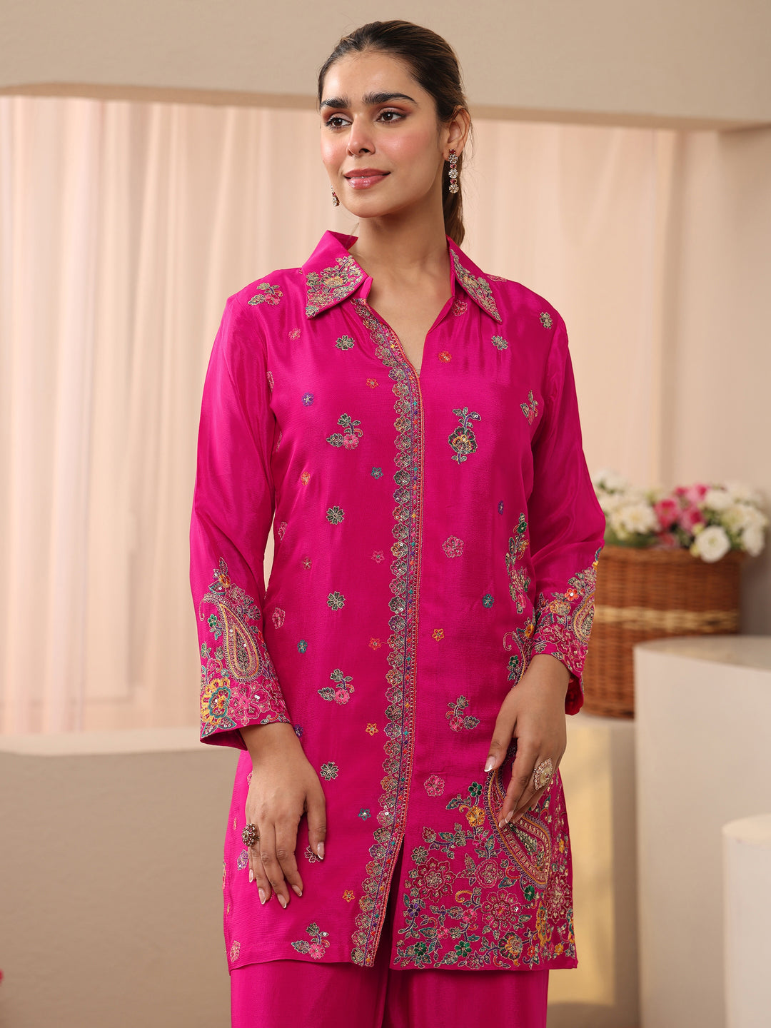  Libas Art Pink Floral Embroidered Crepe Co-Ord Set 