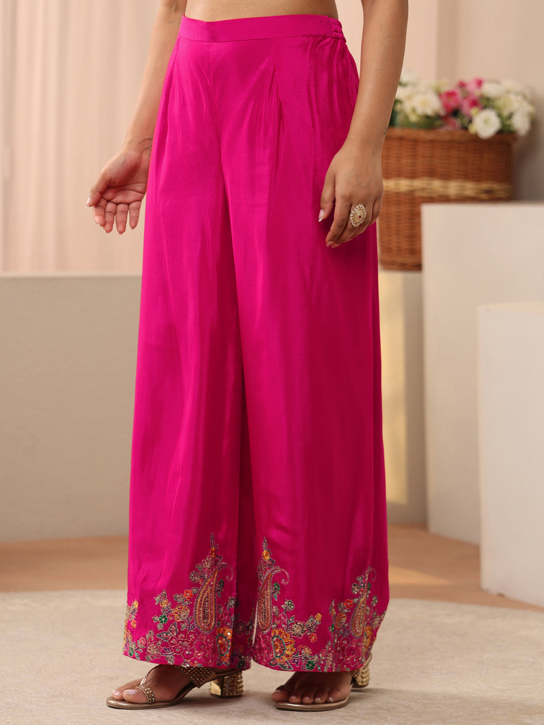  Libas Art Pink Floral Embroidered Crepe Co-Ord Set 