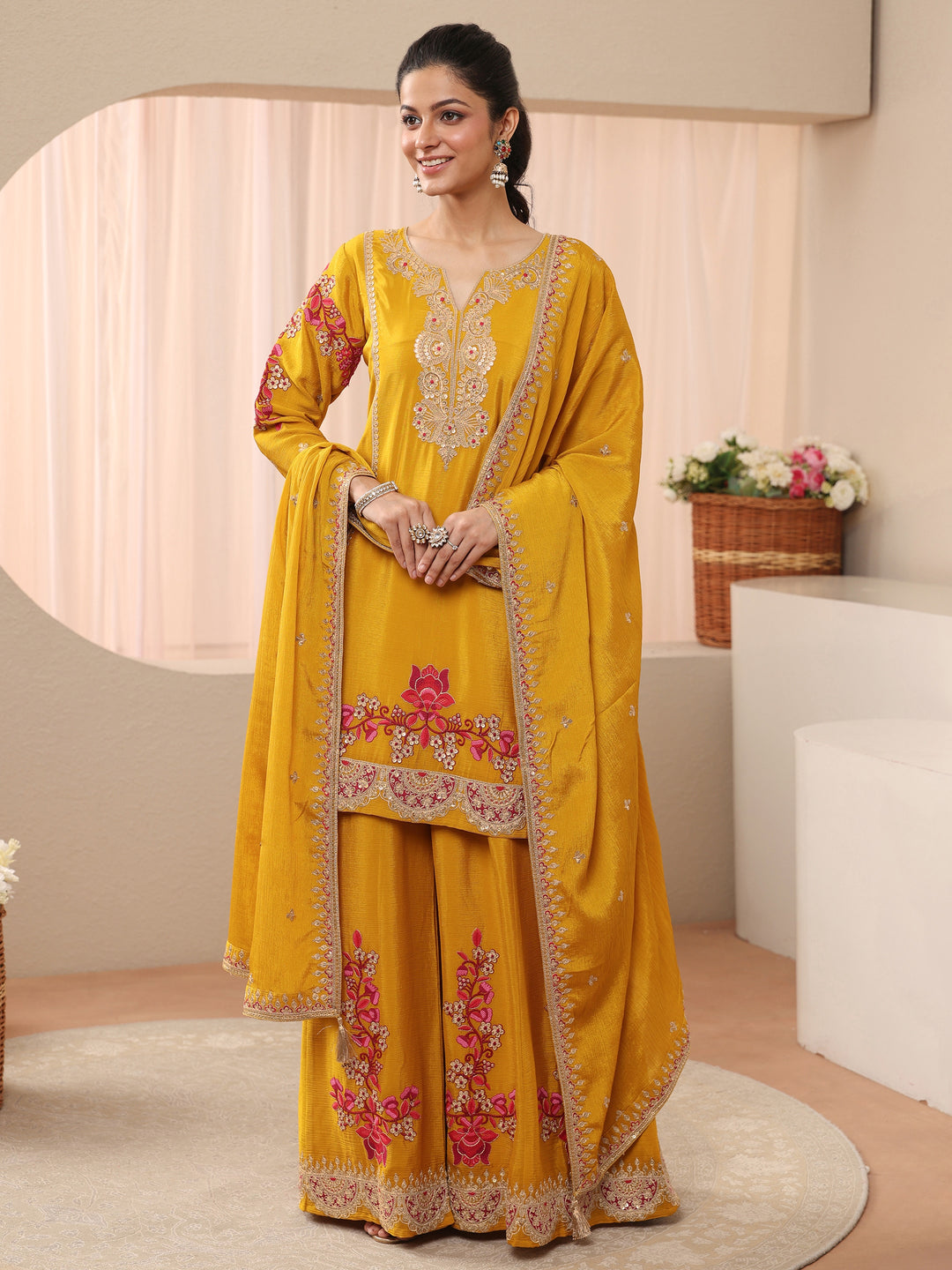  Libas Art Mustard Floral Embroidered Chinon Straight Suit Set With Dupatta 