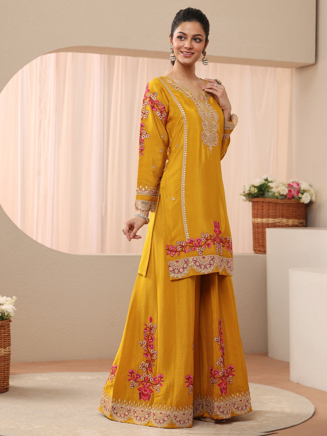  Libas Art Pink Floral Embroidered Crepe Co-Ord Set 
