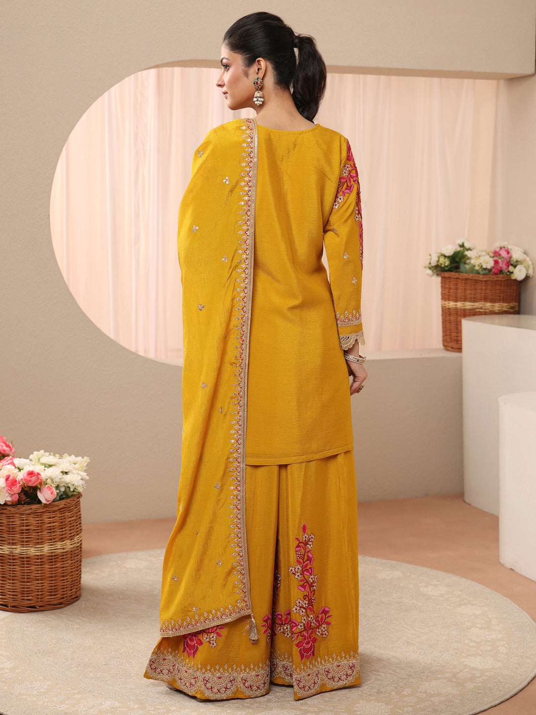  Libas Art Mustard Floral Embroidered Chinon Straight Suit Set With Dupatta 