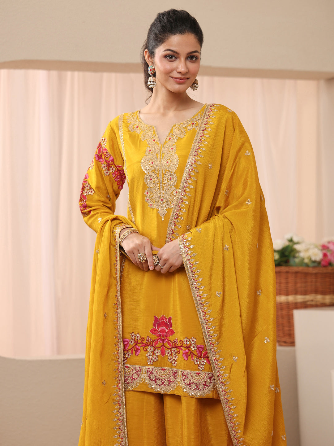  Libas Art Mustard Floral Embroidered Chinon Straight Suit Set With Dupatta 