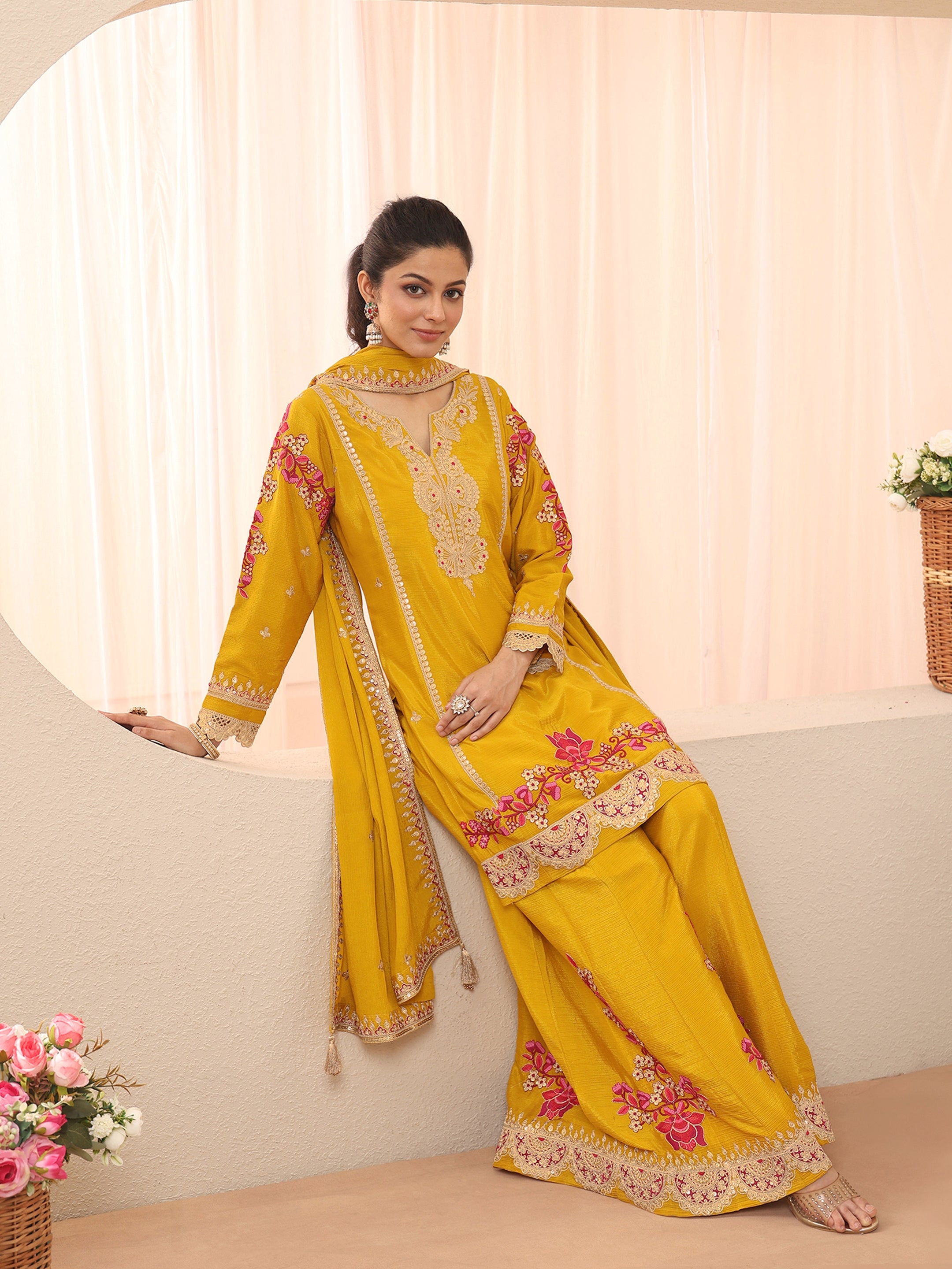 Libas Art Mustard Floral Embroidered Chinon Straight Suit Set With Dupatta-picture-52