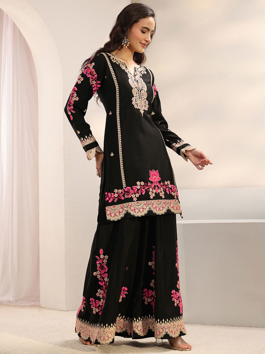  Libas Art Black Floral Embroidered Chinon Palazzo Suit Set With Dupatta 