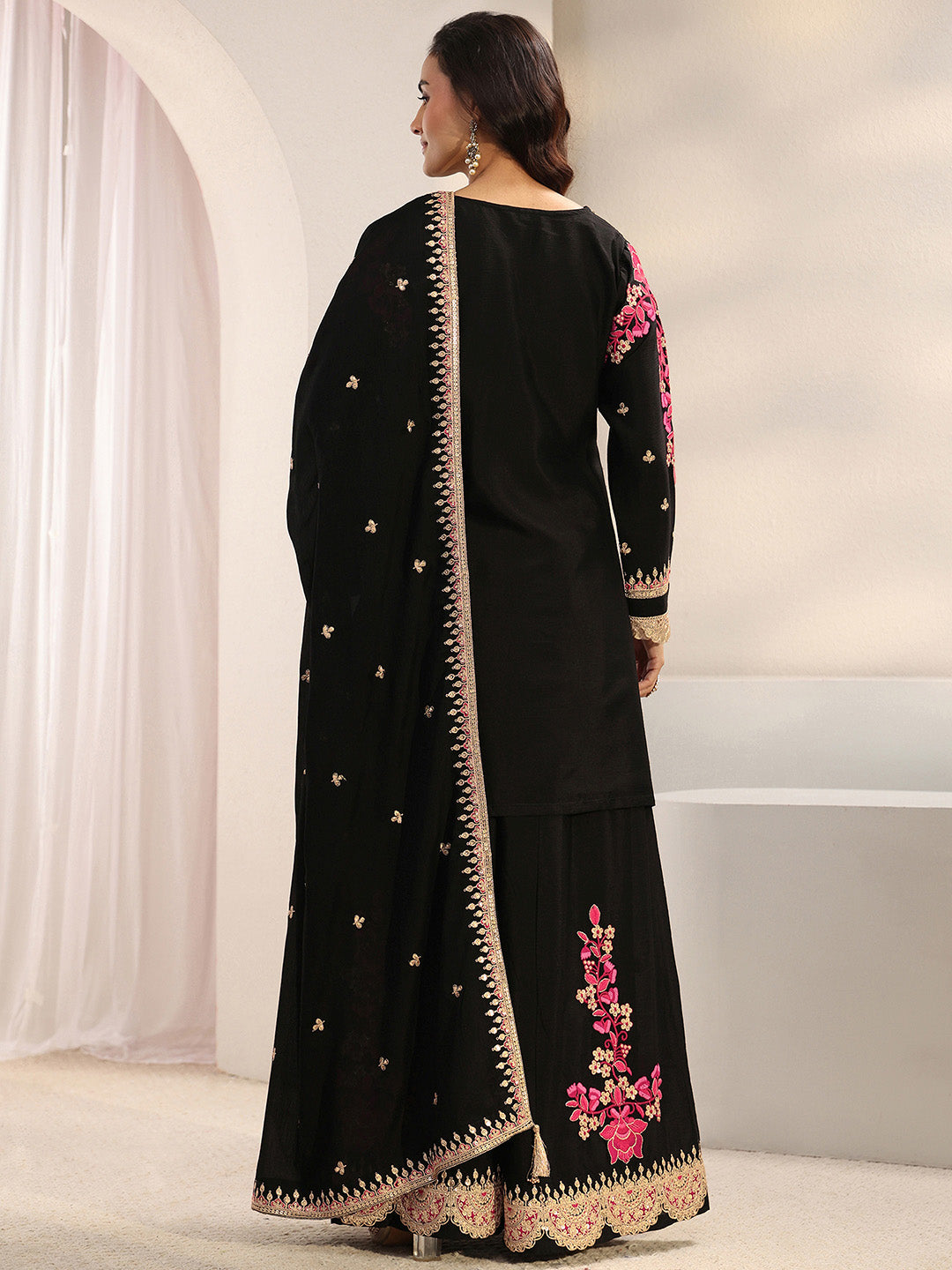  Libas Art Black Floral Embroidered Chinon Palazzo Suit Set With Dupatta 