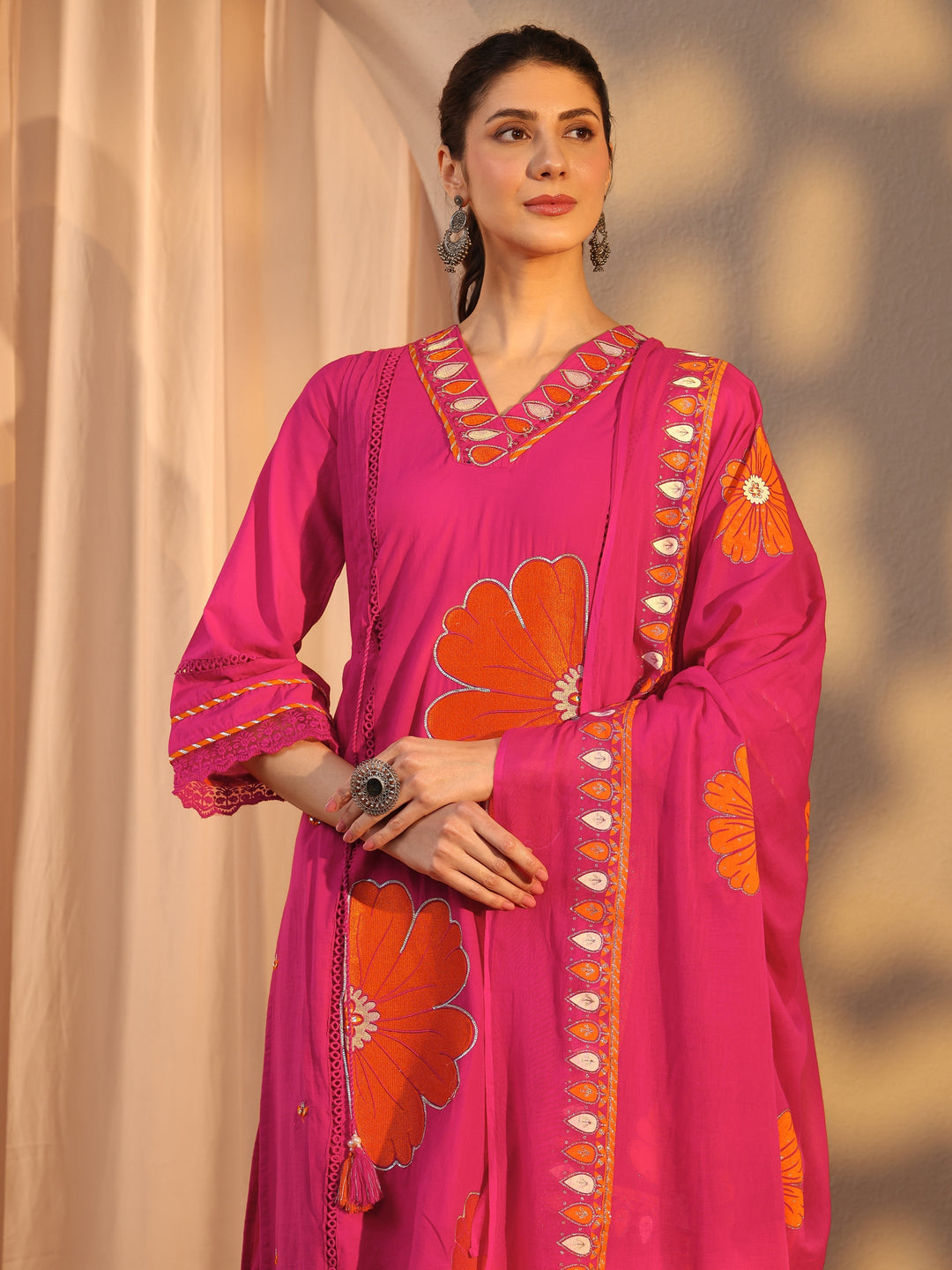  Pink Floral Embroidered Cotton Straight Suit Set With Dupatta 