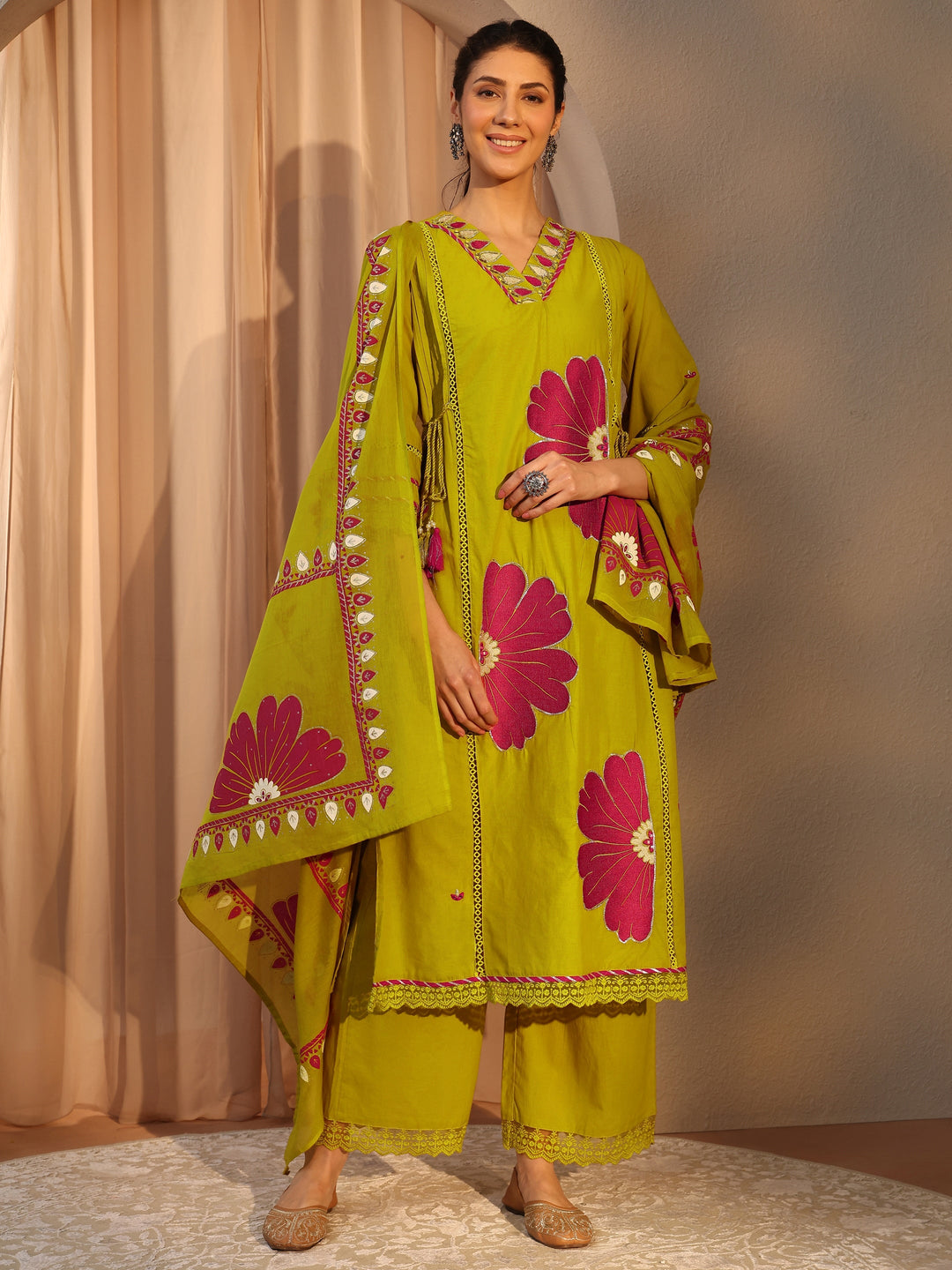  Green Floral Embroidered Cotton Straight Suit Set With Dupatta 