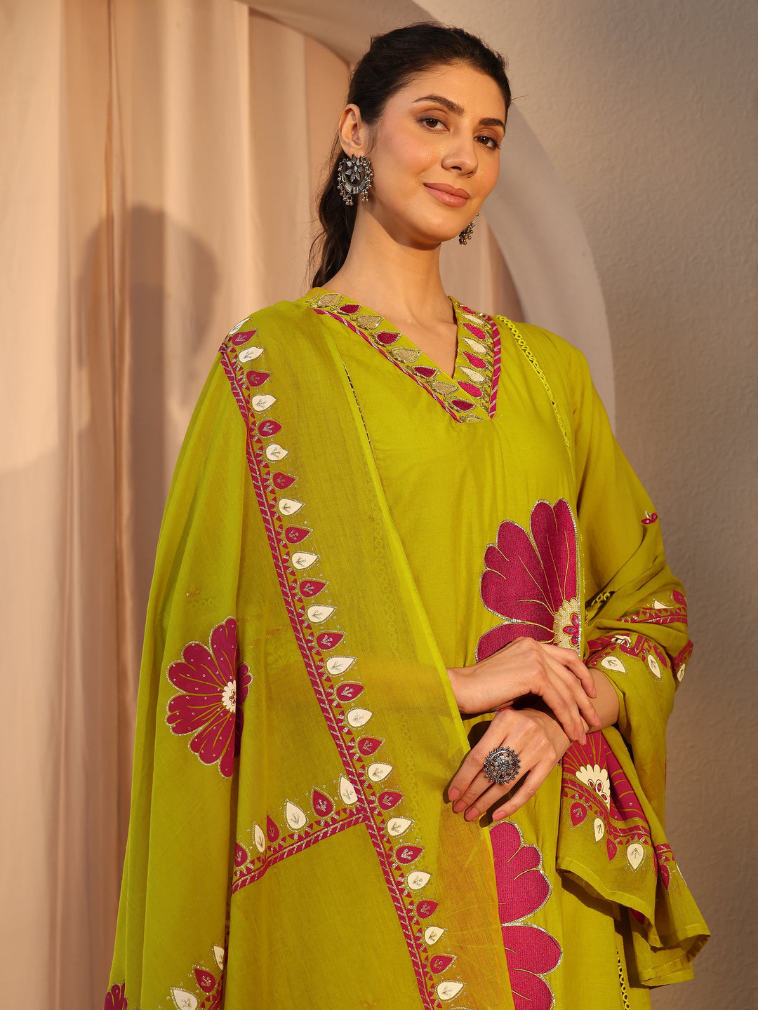  Green Floral Embroidered Cotton Straight Suit Set With Dupatta 