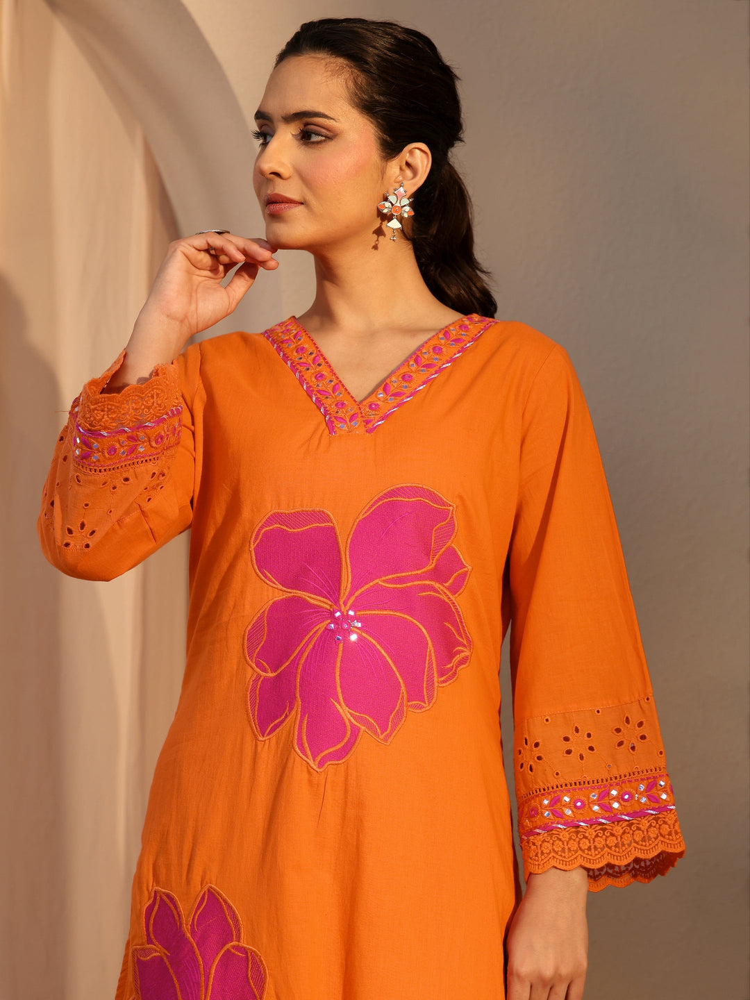  Orange Floral Embroidered Cotton Straight Suit Set With Dupatta 