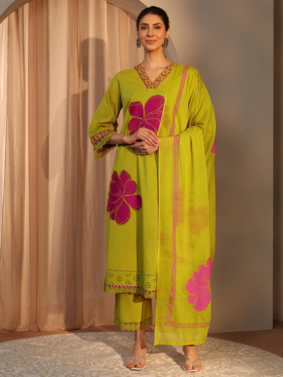  Green Floral Embroidered Cotton Straight Suit Set With Dupatta 