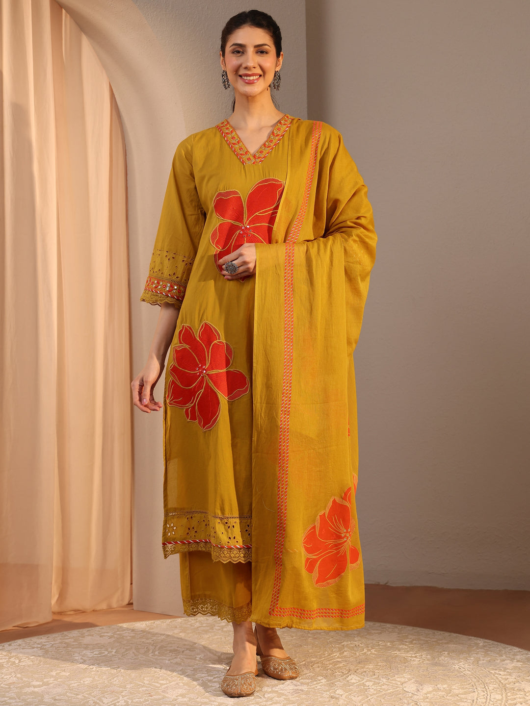 Mustard Floral Embroidered Cotton Straight Suit Set With Dupatta 