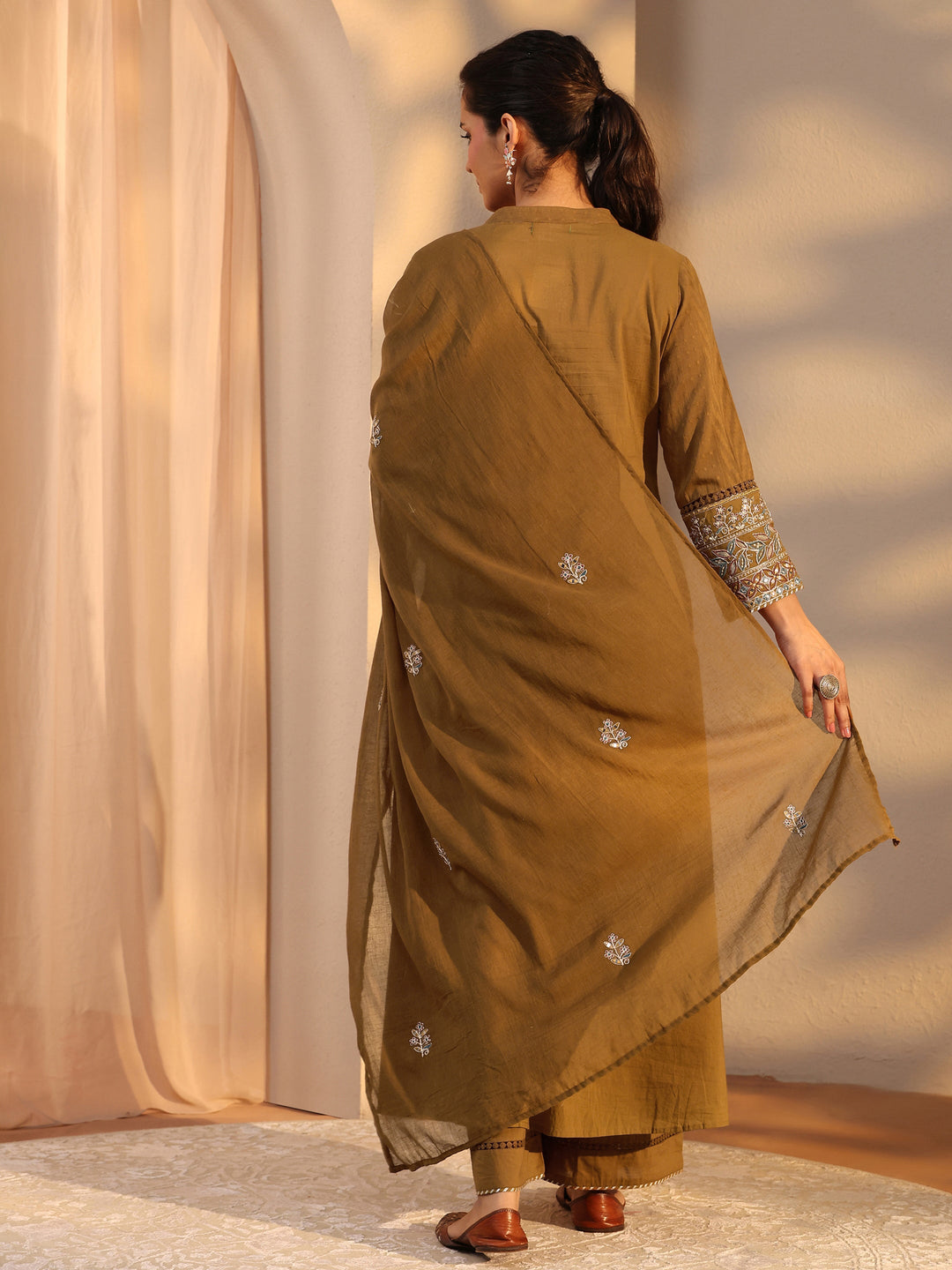  Mustard Embellished Cotton A-Line Suit Set With Dupatta 