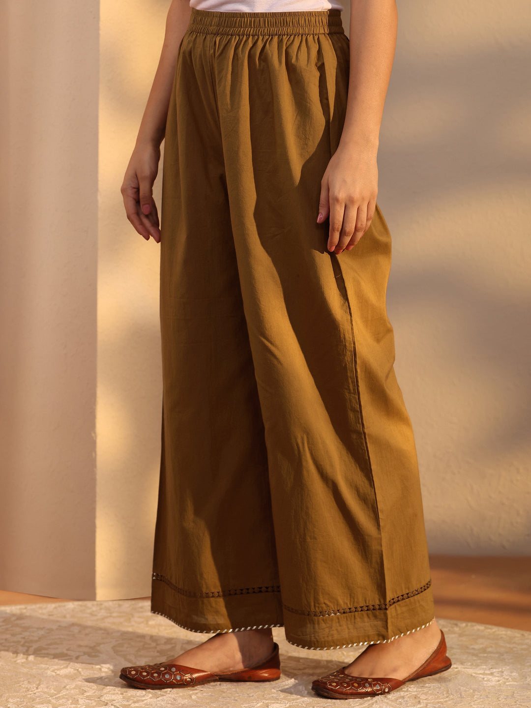  Mustard Embellished Cotton A-Line Suit Set With Dupatta 