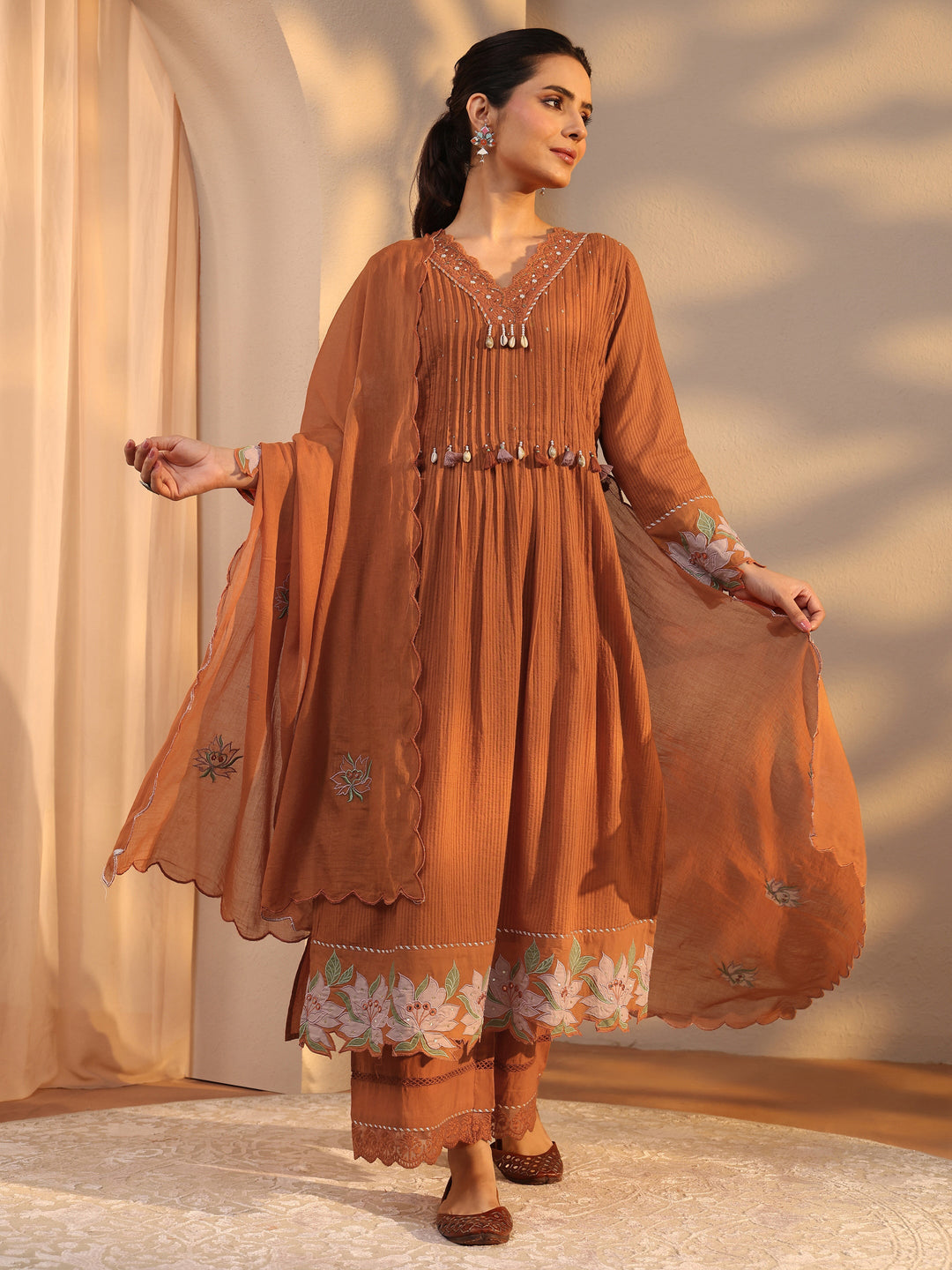  Rust Embellished Cotton A-Line Suit Set With Dupatta 