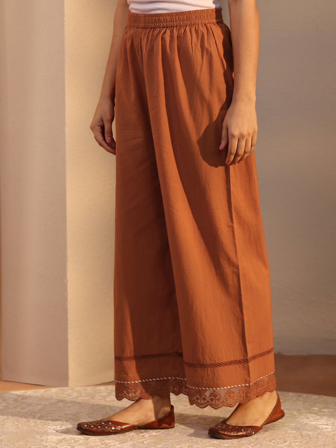  Rust Embellished Cotton A-Line Suit Set With Dupatta 