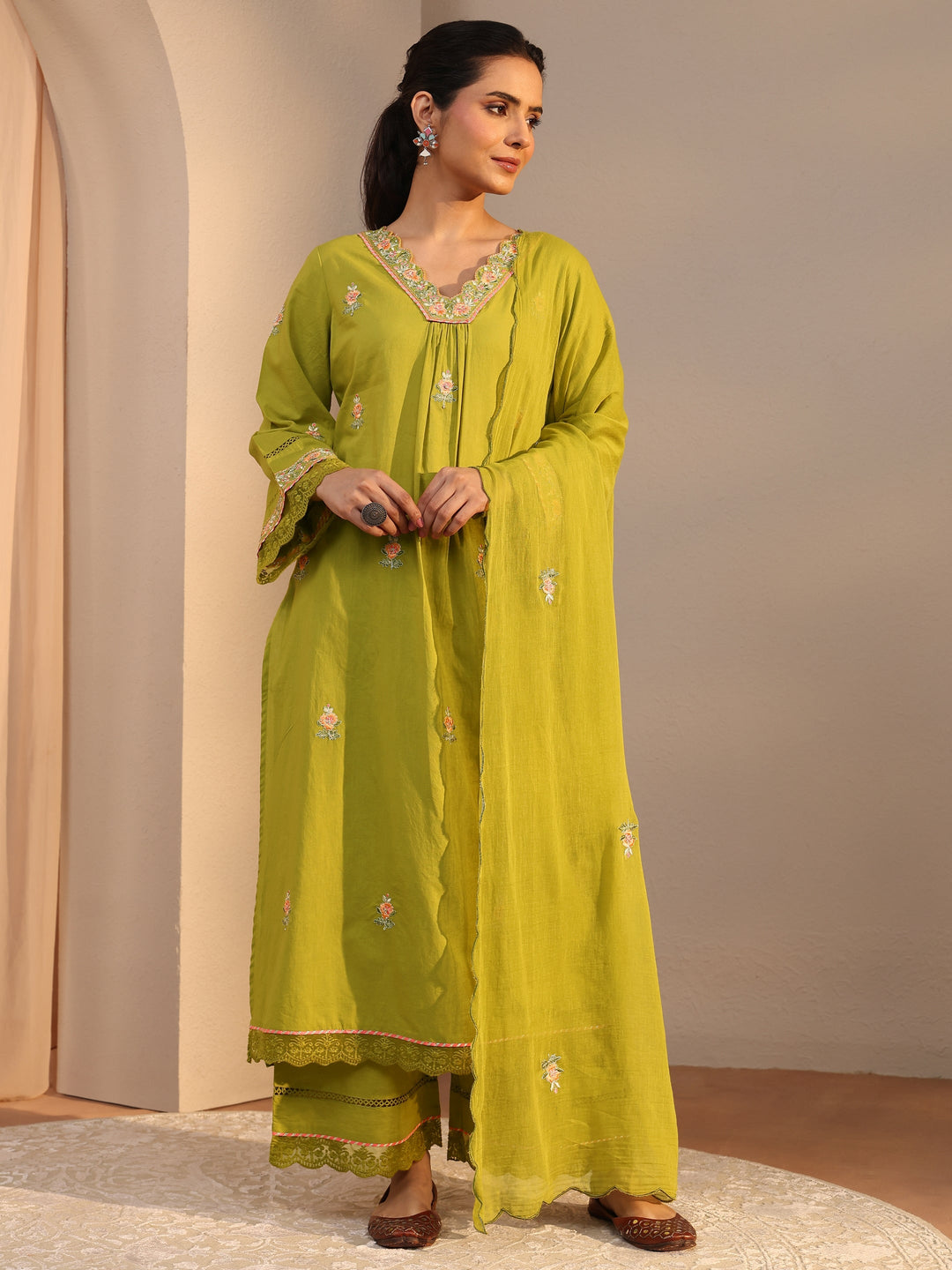  Green Floral Embroidered Cotton Straight Suit Set With Dupatta 