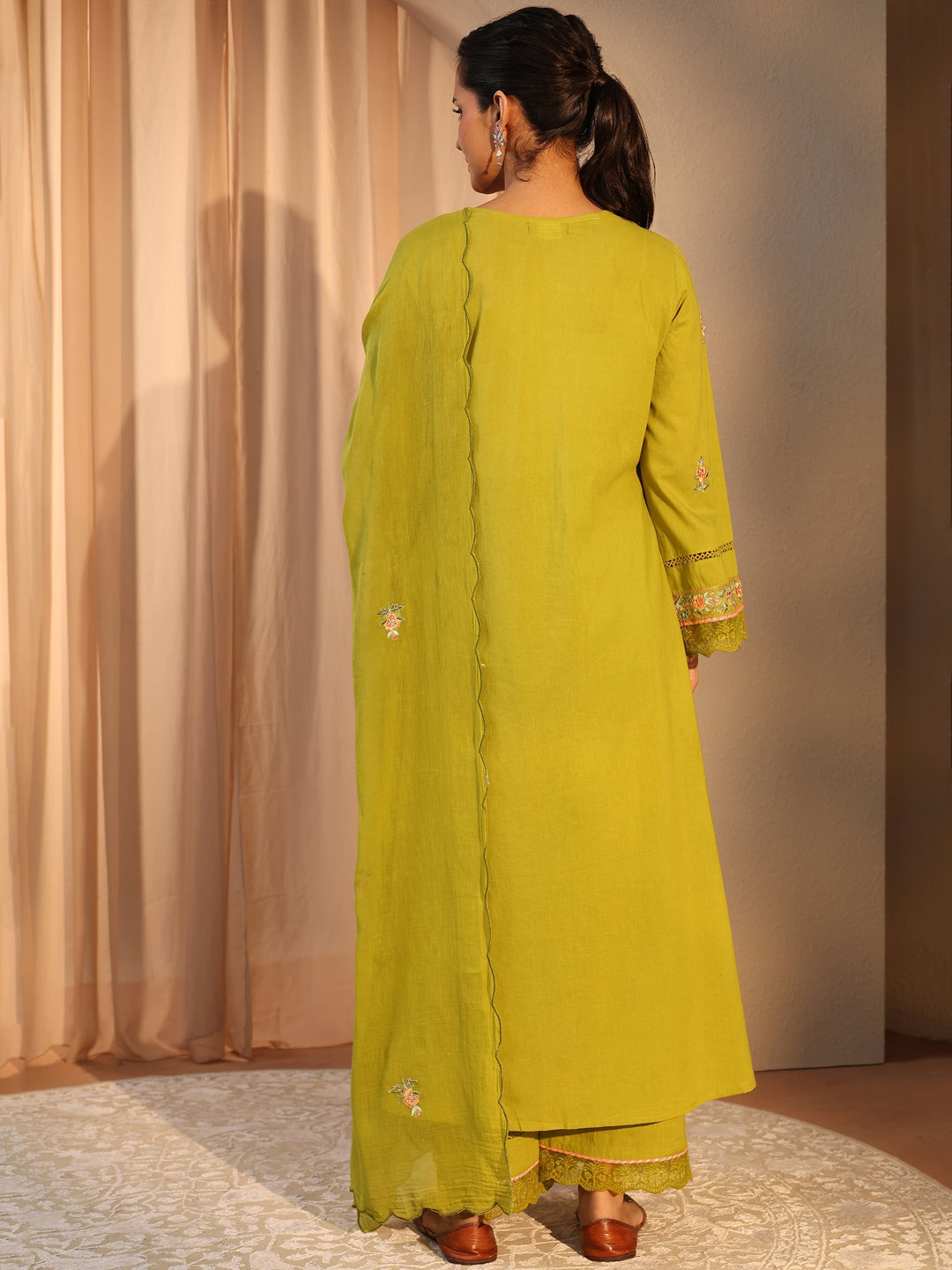  Green Floral Embroidered Cotton Straight Suit Set With Dupatta 