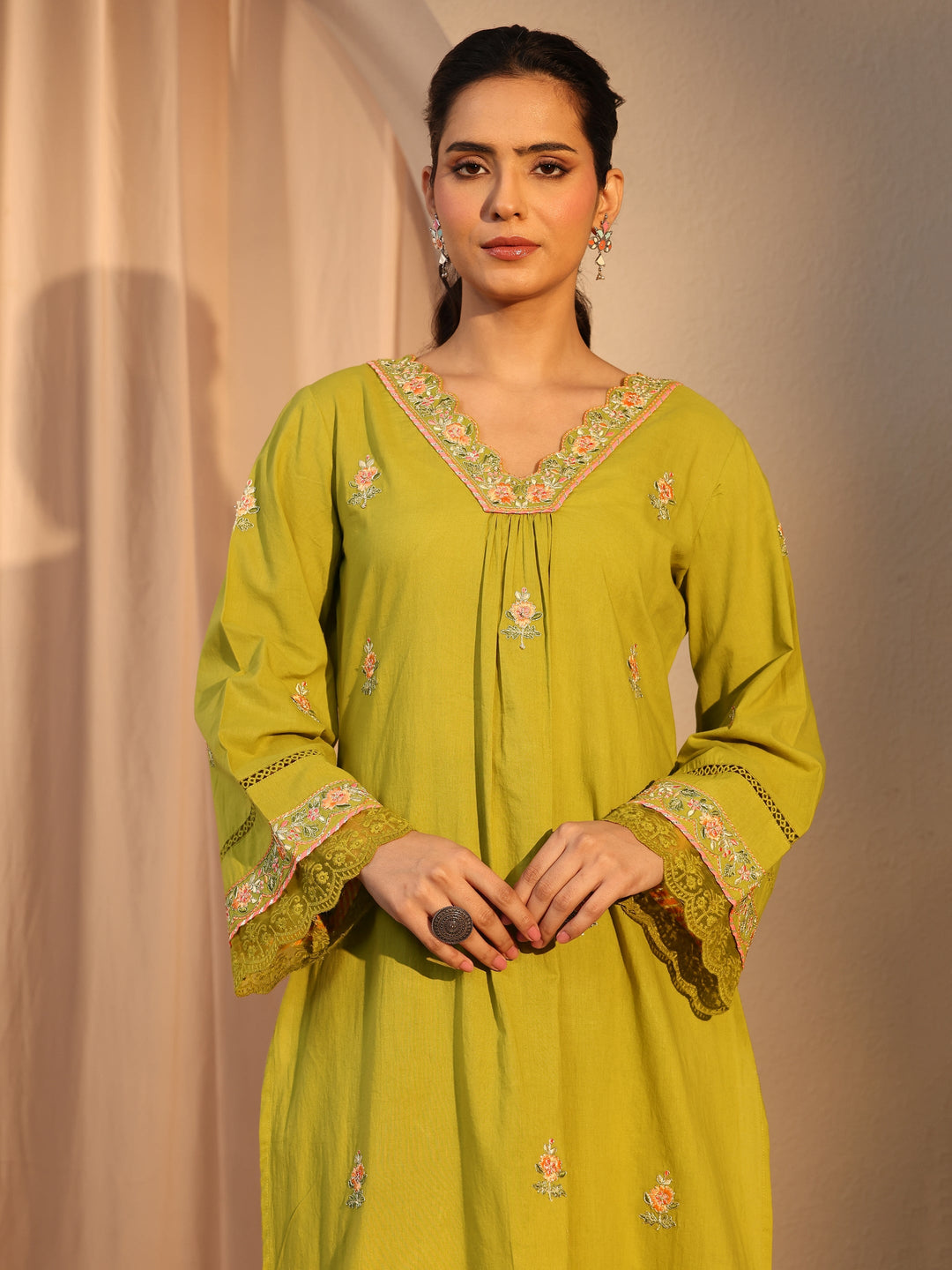  Green Floral Embroidered Cotton Straight Suit Set With Dupatta 