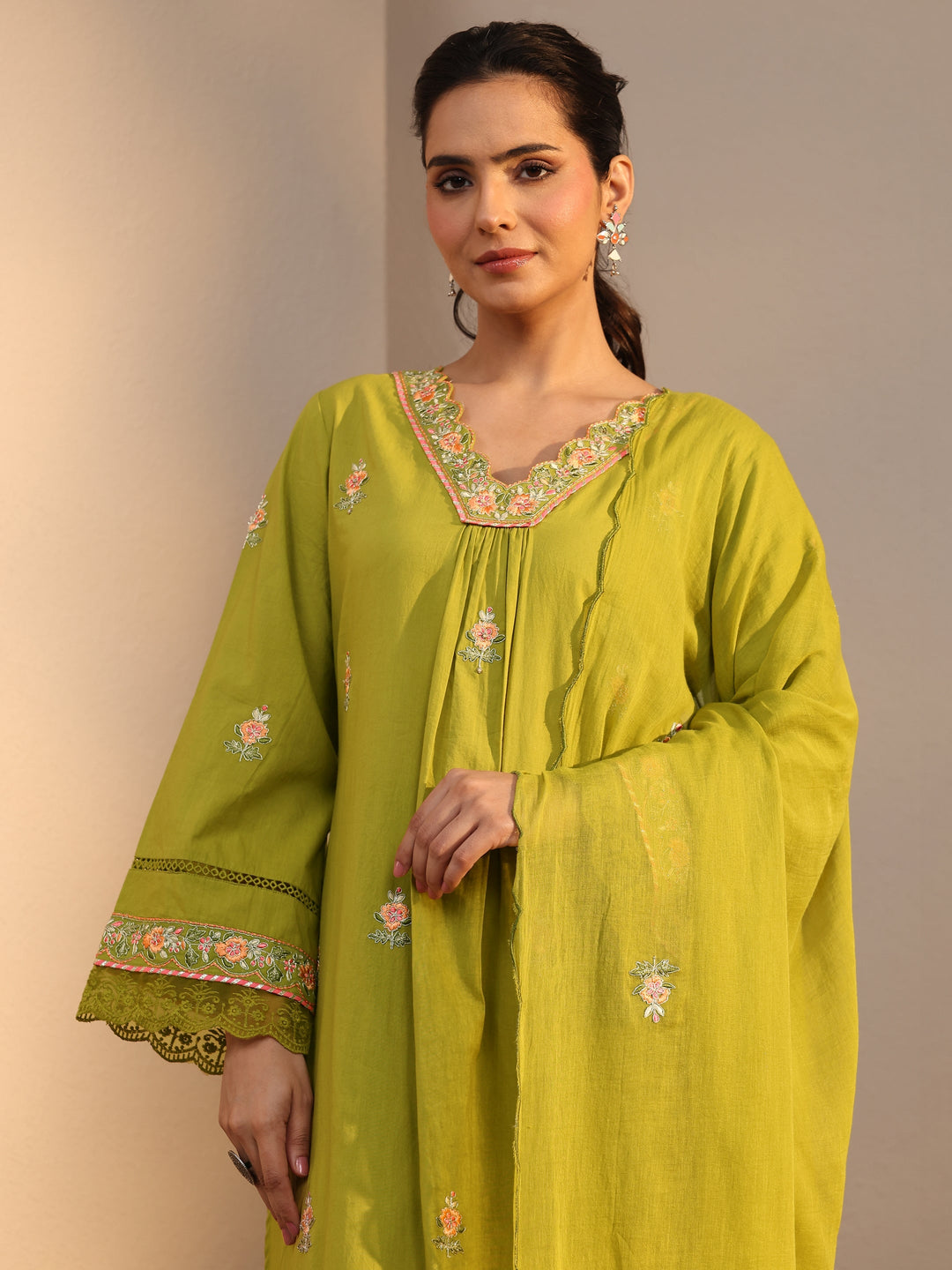  Green Floral Embroidered Cotton Straight Suit Set With Dupatta 