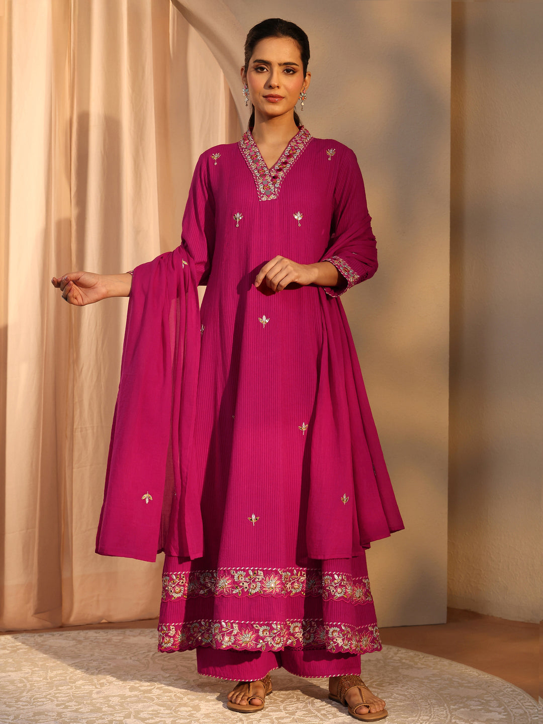  Pink Floral Embroidered Cotton A-Line Suit Set With Dupatta 