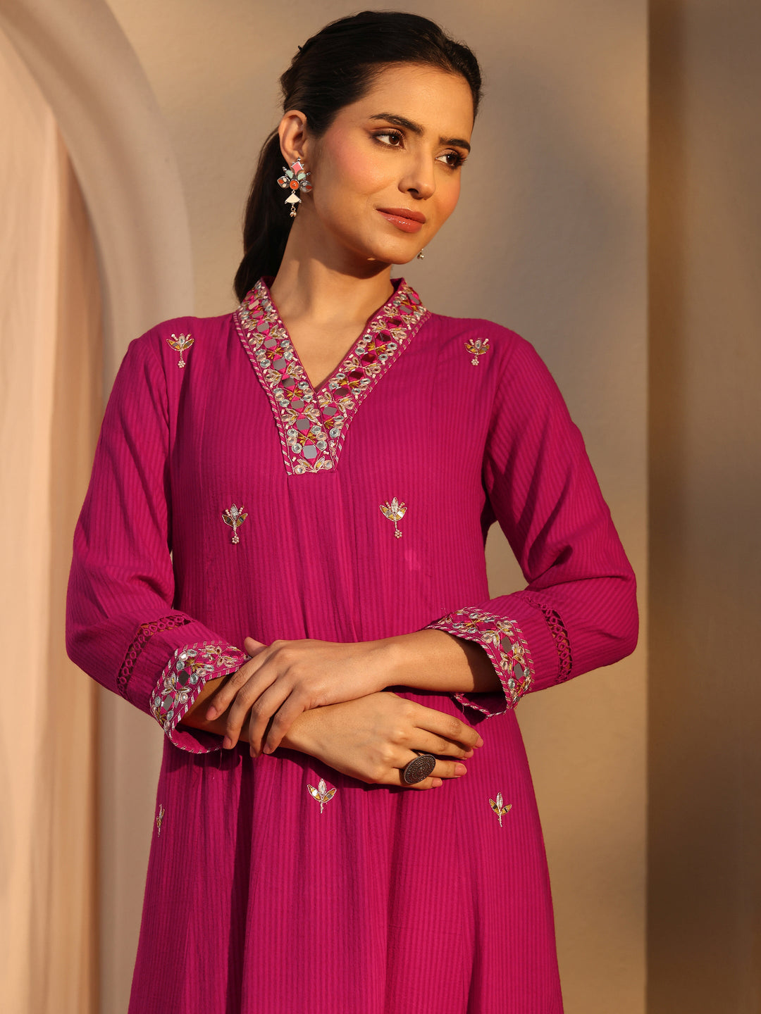  Pink Floral Embroidered Cotton A-Line Suit Set With Dupatta 