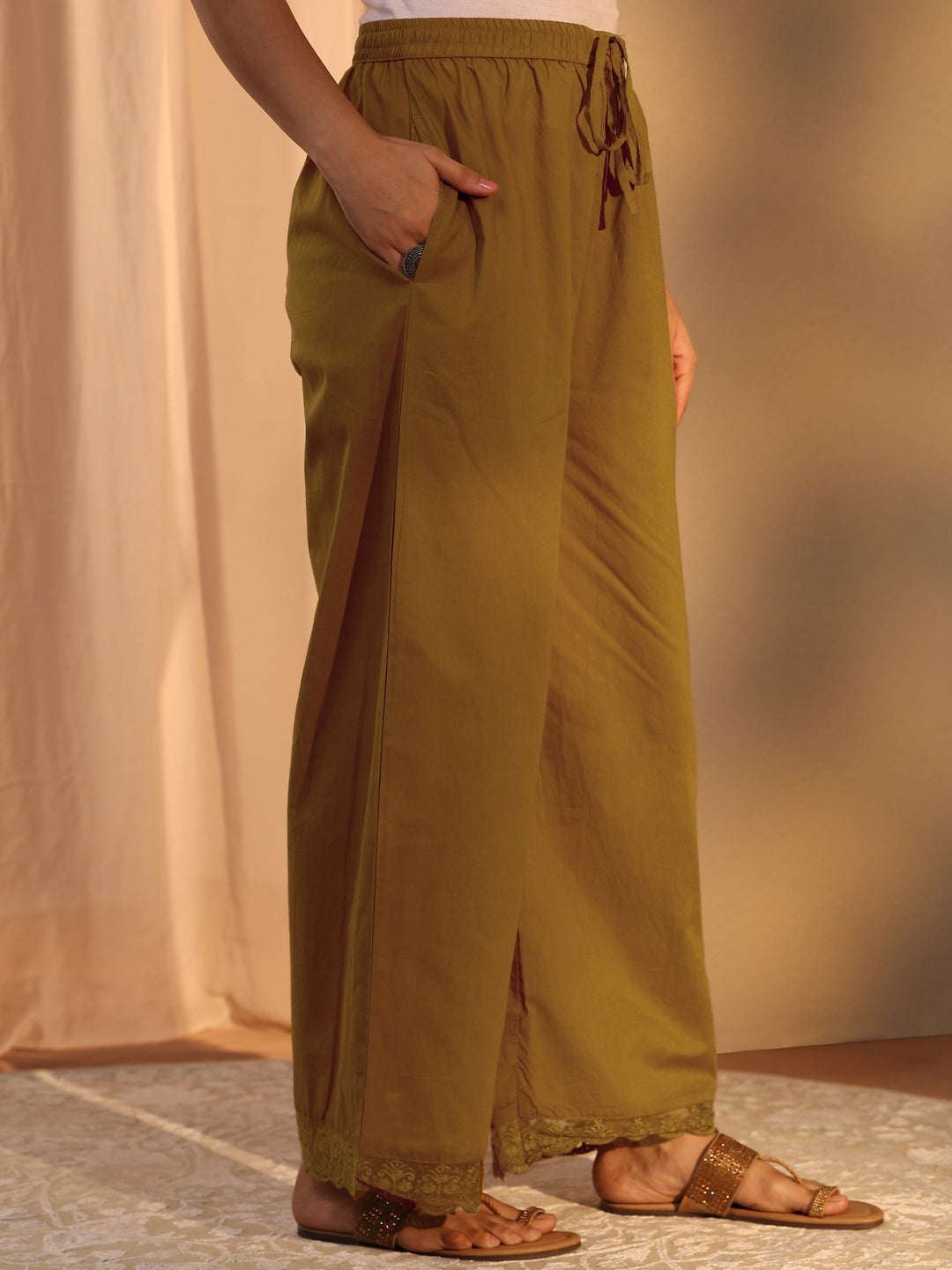  Mustard Floral Embroidered Cotton A-Line Suit Set With Dupatta 