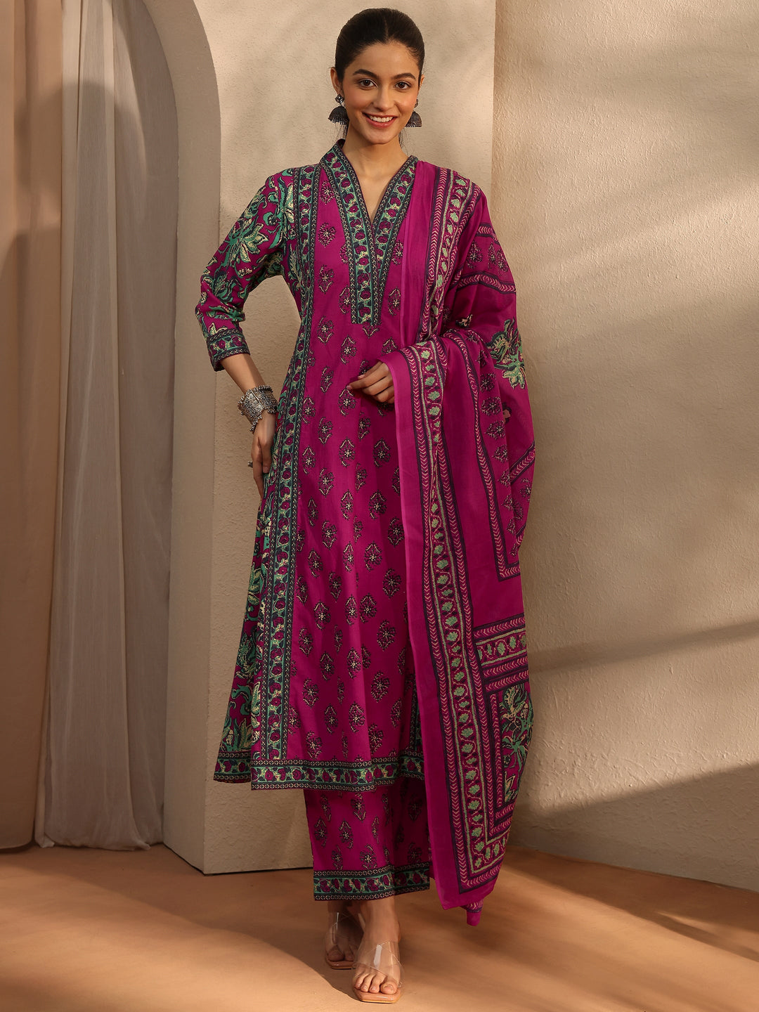  Pink Floral Printed Cotton Blend A-Line Suit Set With Dupatta 