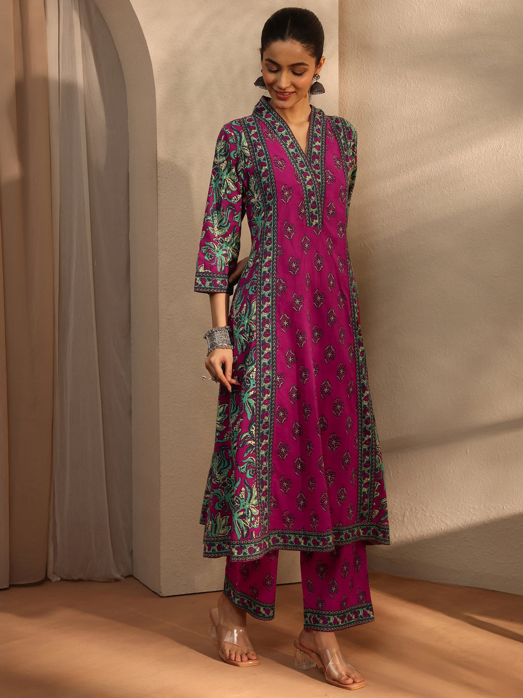 Pink Floral Printed Cotton Blend A-Line Suit Set With Dupatta 